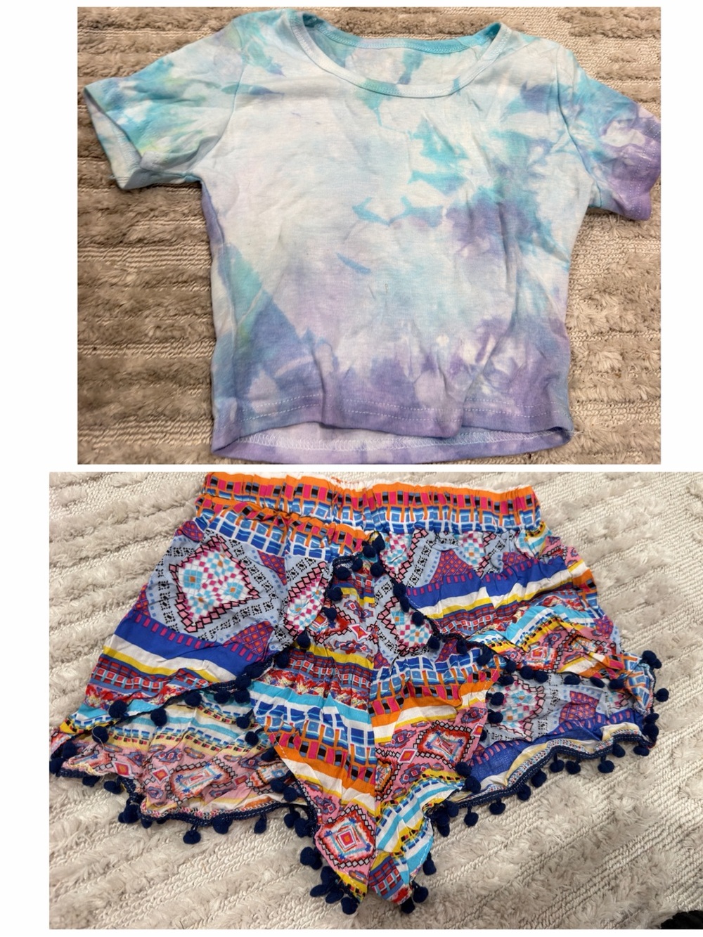 New Tie-Dye Crop Tee and Multicolor Pom Pom Trim Shorts Set - Blue/Purple
